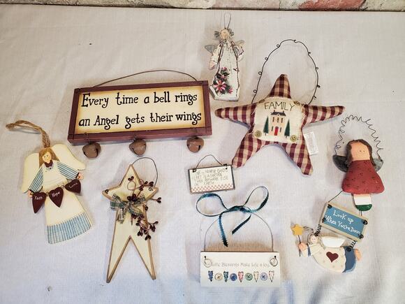Other - Primitive Country Folk Art Angel Star Ornaments Signs Wood Fabric Inspirational